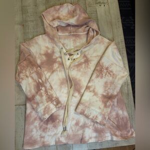 POL Tie-Dye Lace-Up Hoodie | Size Small | Pink & Beige